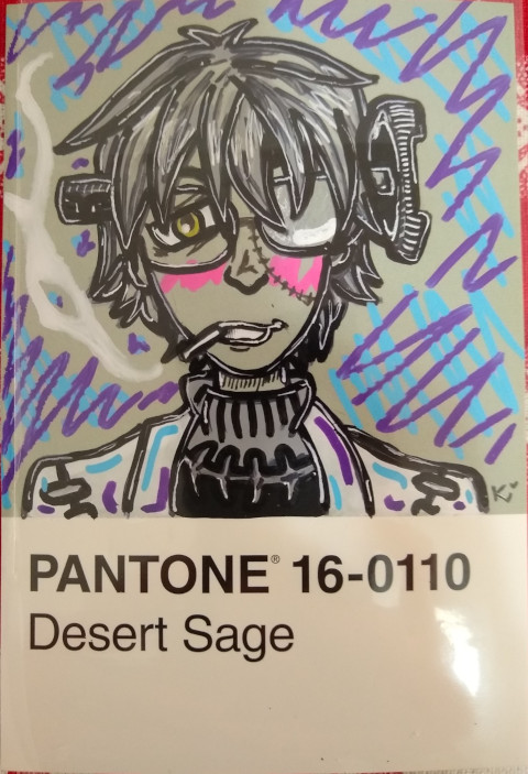 Artwork, Dr. Stein from Soul Eater, ink drawing on Pantone Desert Sage card